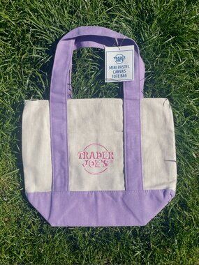 Trader Joe’s Mini Canvas Tote 2026 Spring Drop Purple Straps & Pink Embroidery